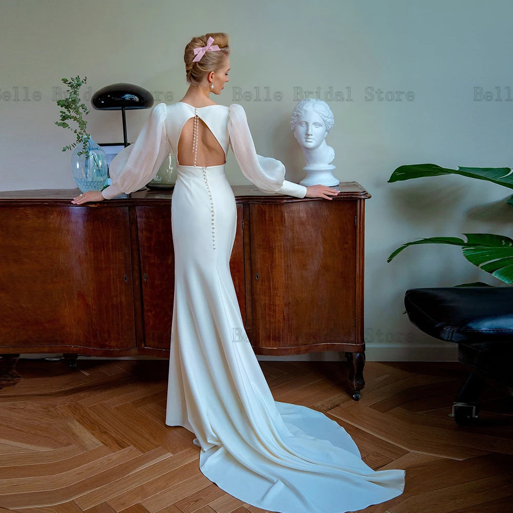 Elegant Mermaid Wedding Dresses V Neck Long Sleeves Bridal Gowns Backless Sweep Train Robe De Mariee