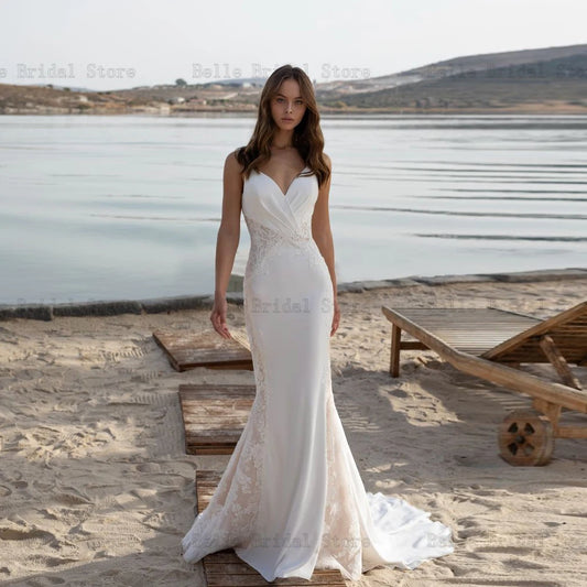 Klassische Meerjungfrau-Hochzeitskleider für die Braut mit V-Ausschnitt, ärmellos, mit Applikationen, rückenfrei, Sweep-Schleppe, Vestidos De Novia 2023