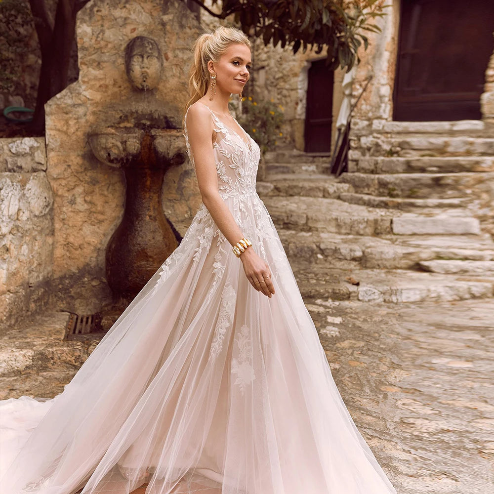 Splendidi abiti da sposa in tulle senza maniche per donne sposate da spicco con fiori bianchi Vestitidos de nolia senza schiena