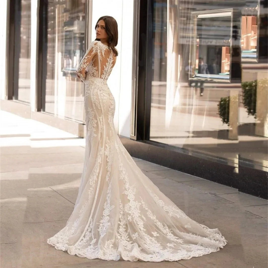 Exquisite Brautkleider Tiefem V-Ausschnitt Brautkleider Spitzenapplikationen Lange Ärmel Bodenlange Roben für Bräute Vestidos De Novia