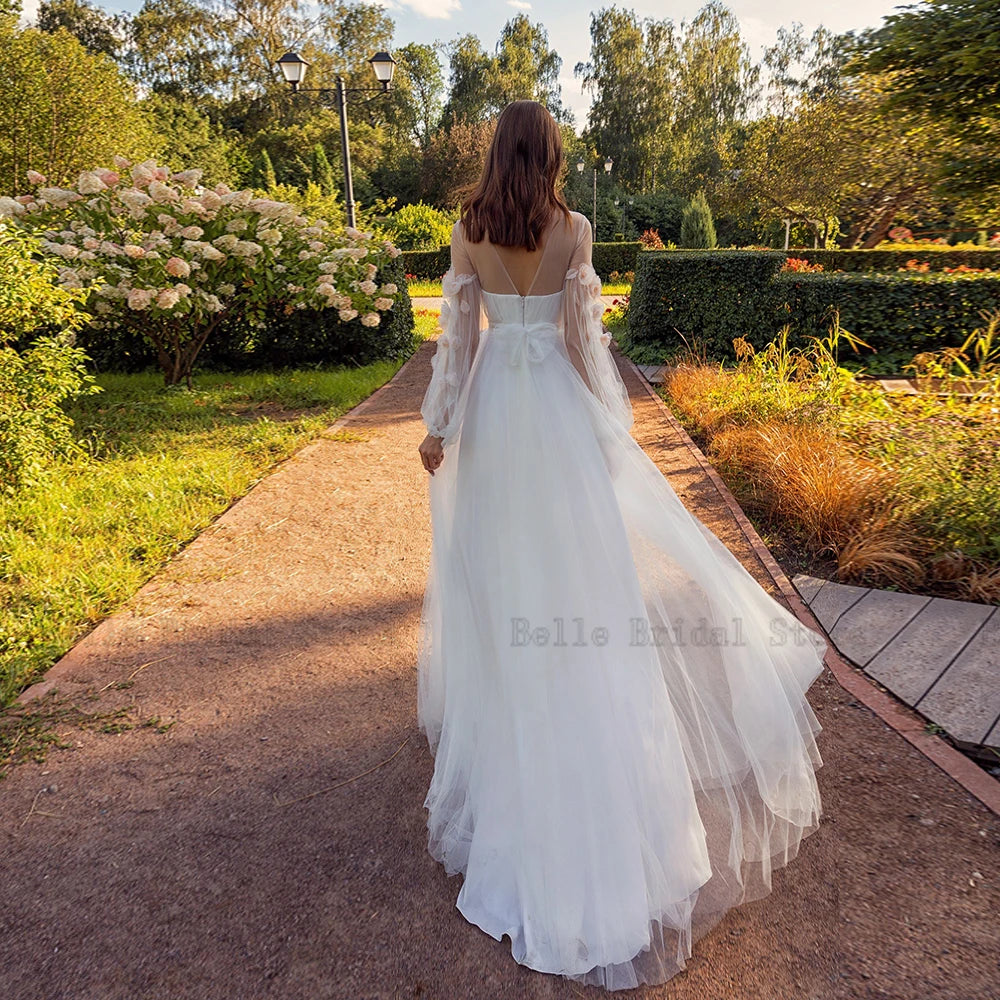 Vestidos de noiva elegantes jóia pescoço de mangas compridas Ilusão Bridal Crescida Flores Plavendo comprimento do piso Tulle vestidos de Novia 2023