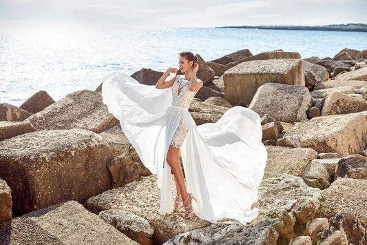 Sexy böhmische kurze Meerjungfrau-Brautkleider mit abnehmbarem Rock Applikationen Strandroben Hochzeitskleid Brautkleider Vestidos