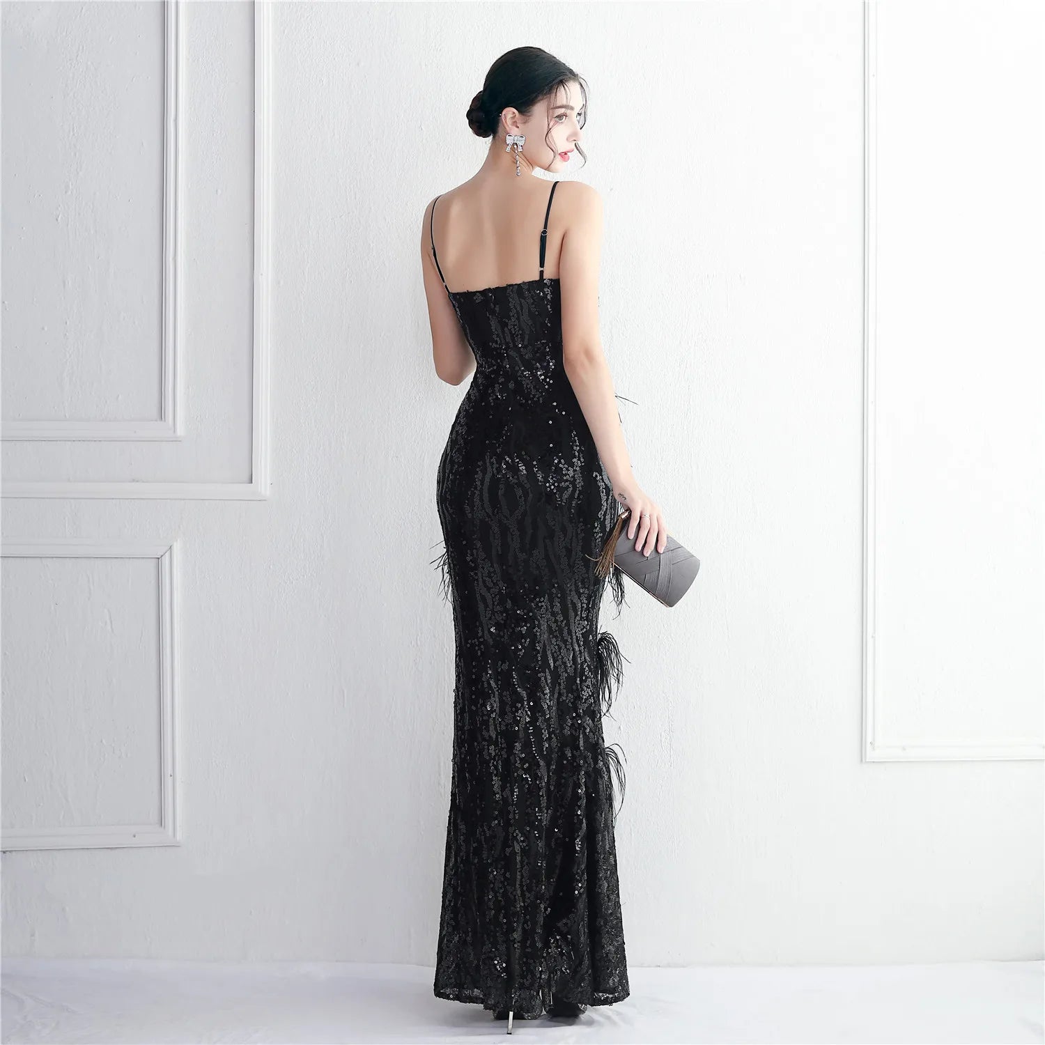 Women Sexy Slit Party Maxi Dress Strap V Neck Feather Evening Dress Green Sequin Dress Long Prom Dress