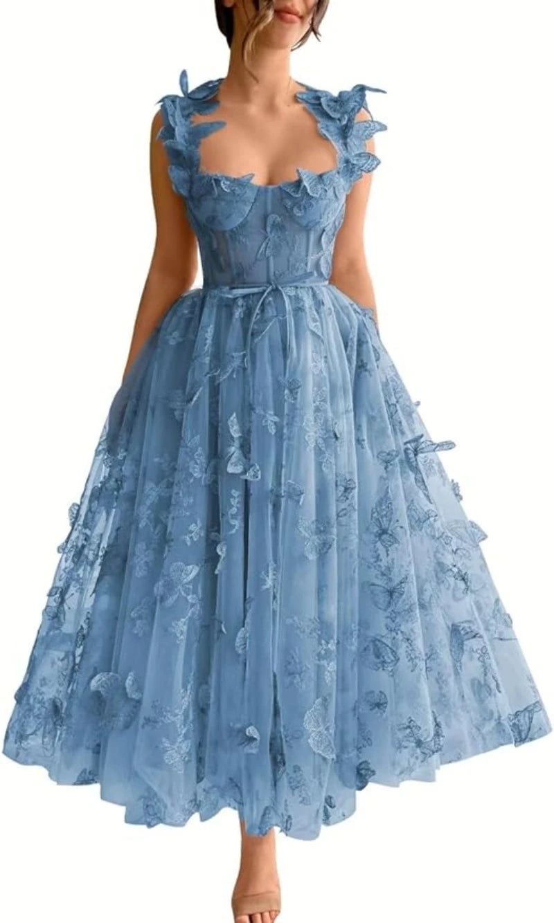 3D Butterfly Tulle Tea Length Prom Dresses Women Fairy Lace Embroidery A Line Prom Evening Gown Slim Waist Vestidos De Noche