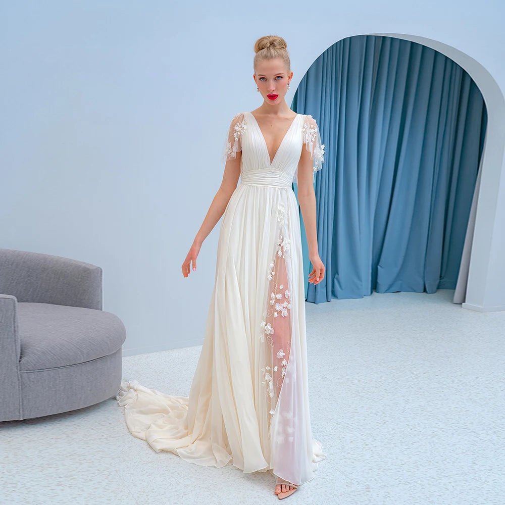 Elegante Chiffon-Hochzeitskleider für Frauen 2023 V-Ausschnitt Kurze Ärmel Brautkleider Applikationen Hoher Schlitz A-Linie Vestidos De Novia