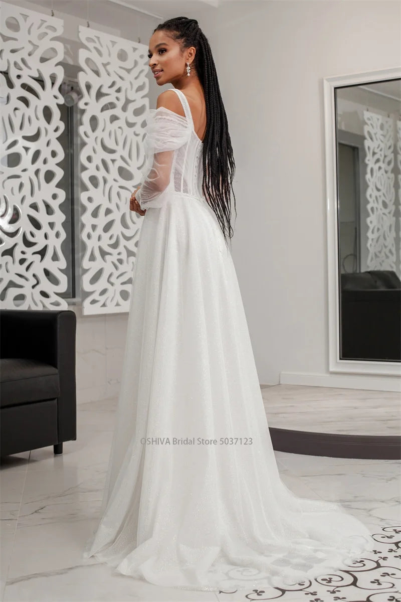 Sexy Sweetheart Tulle Wedding Vestes Spaghetti Corres de mangas largas Ilusión Vestidos de novia Vestidos de noiva