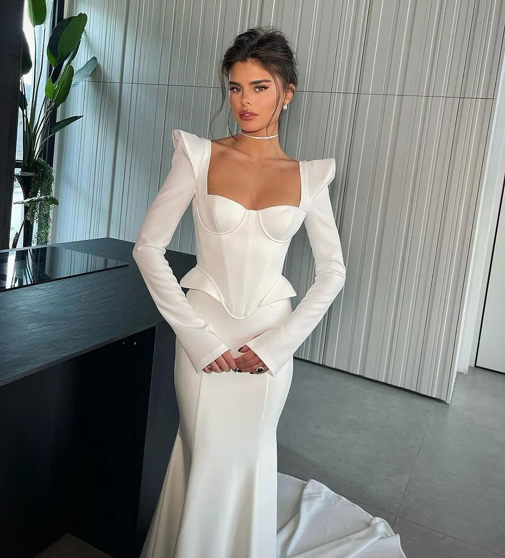 Mermaid Satin Wedding Dresses Long Sleeves Corset Bridal Gowns  Square Neck Brides Dress Custom Made Robe De Mariee