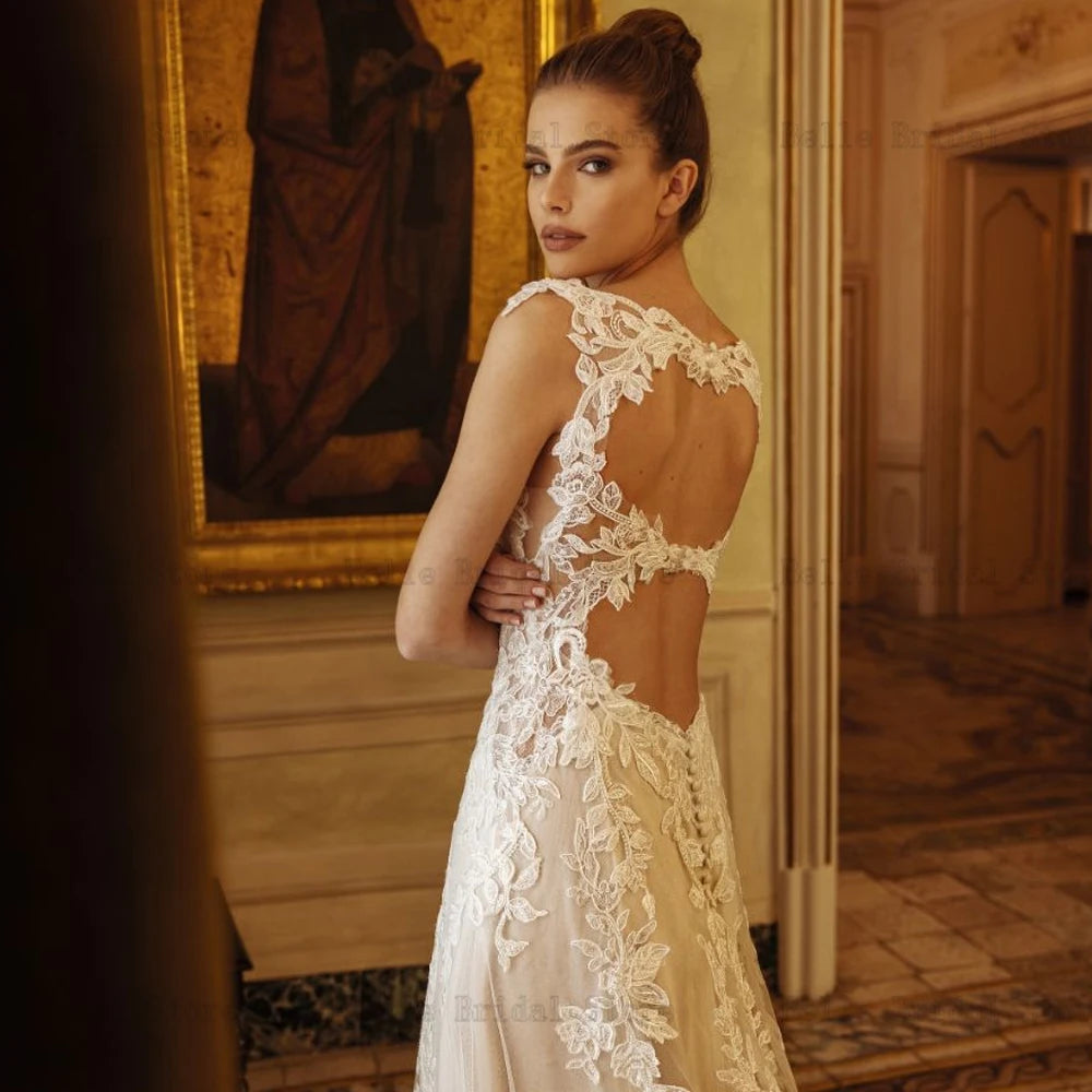 Elegantes vestidos de novia para novias V cuello sin mangas A-LINE APLIQUES APLIQUETES TRATO DE CARRO ANTERIORES свадебное платье 2023