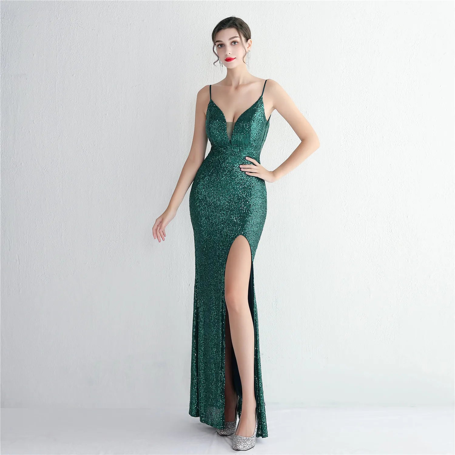 Women Backless Green Sequin Dress Strap Beading Party Maxi Dress Sexy Slit Evening Dress Long Prom Dress
