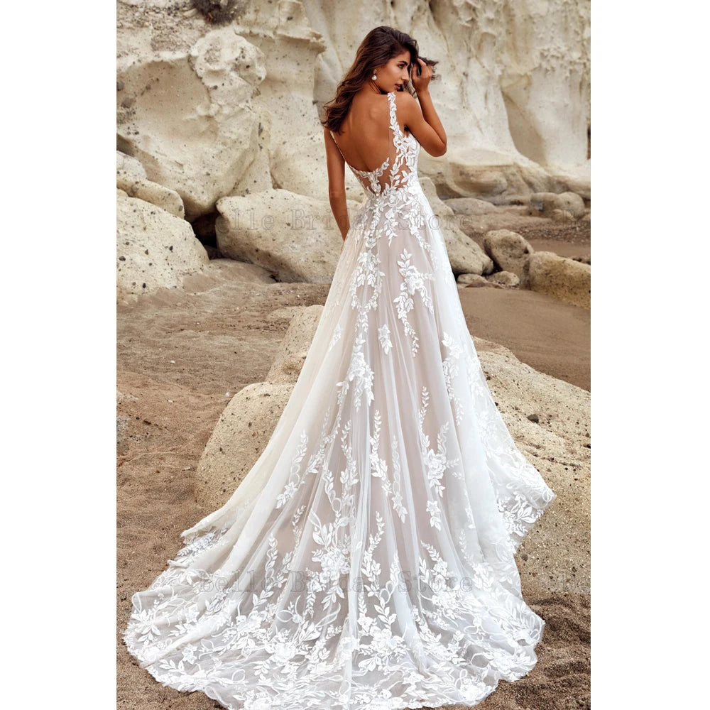 Eleganti abiti da sposa a-linea di abiti da sposa senza maniche a collo gioiello Appliques Appliques Sweele Sweele Train Tulle Vestidos de nobu 2024