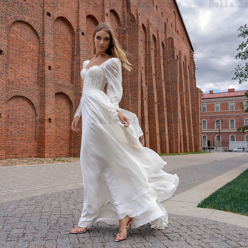 Elegant Chiffon Wedding Dresses Sweetheart Neck Puff Sleeves Bridal Gowns Lace Back Lace up Sweep Train A-line Robe De Mariee