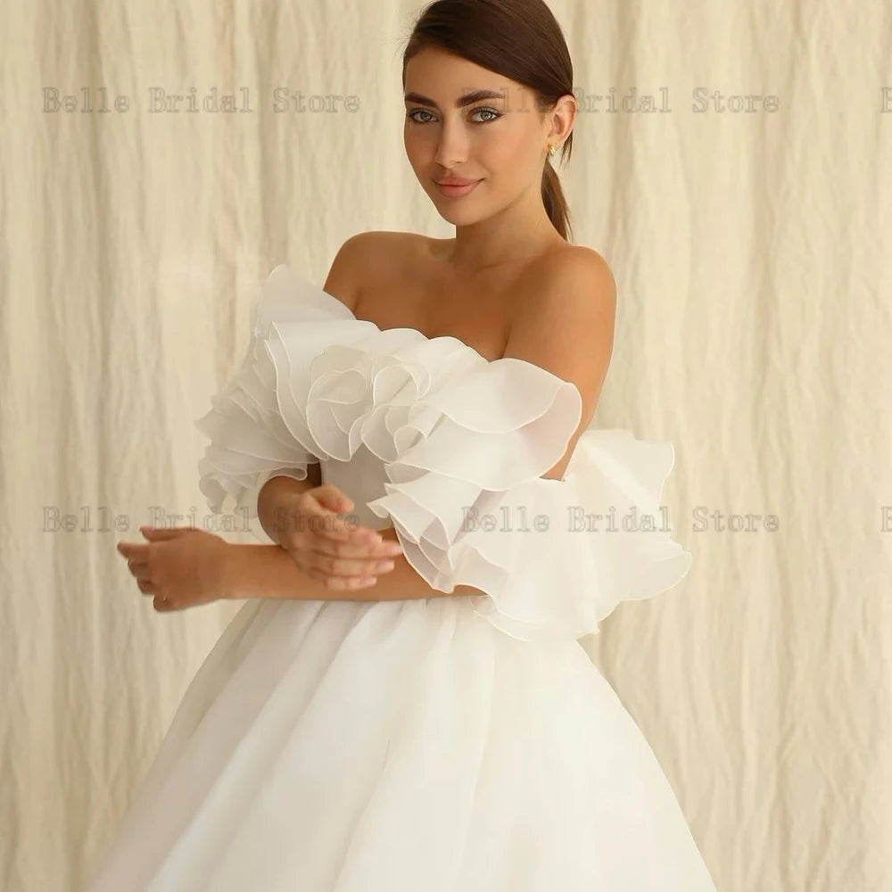 Semplici abiti da sposa corti Corta di barche fuori dagli abiti da sposa delle spalle sopra il ginocchio a-line mini organzavestidos de nolia