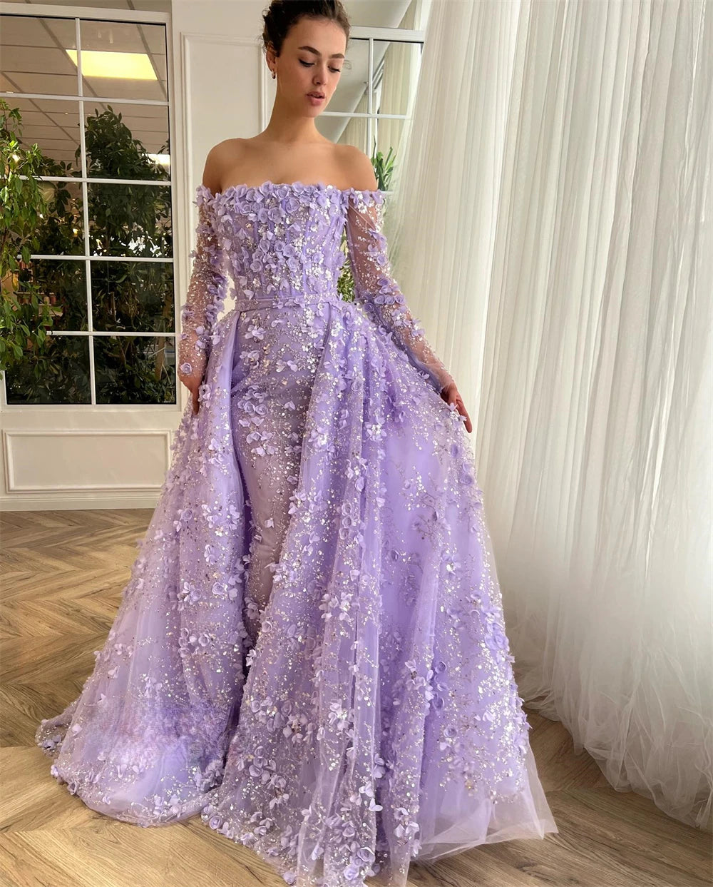 Exquisite Off the Shoulder Ball Gown Beading Sequined Flowers Tulle Bespoke Occasion Dresses Evening