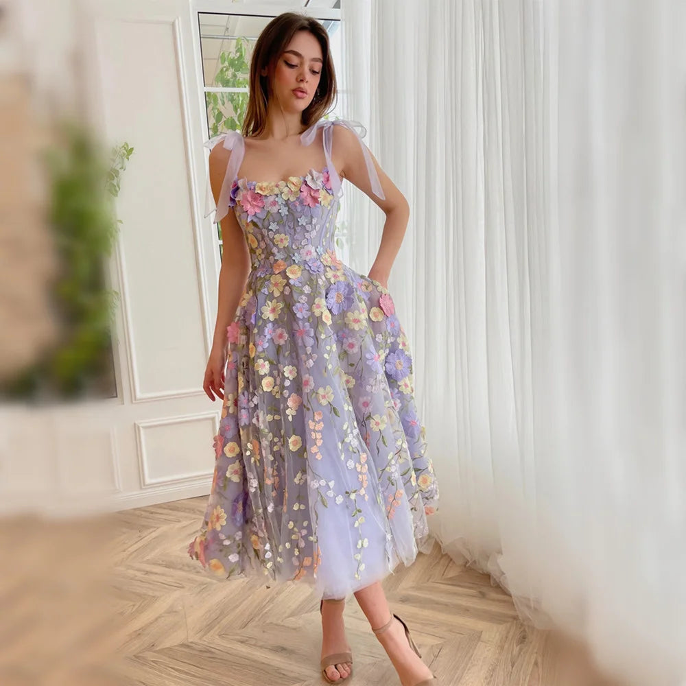 Purple Knee Lenght Party Dress Elegant Flower Embroid Evening Dresses Spaghetti Strap Vestidos De Noche Sexy Prom Dress