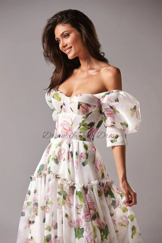 2024 New Charming Printed Chiffon A-line Off Shoulder Loose Short Sleeve Prom Dresses Sweetheart Evening Dresses For Women