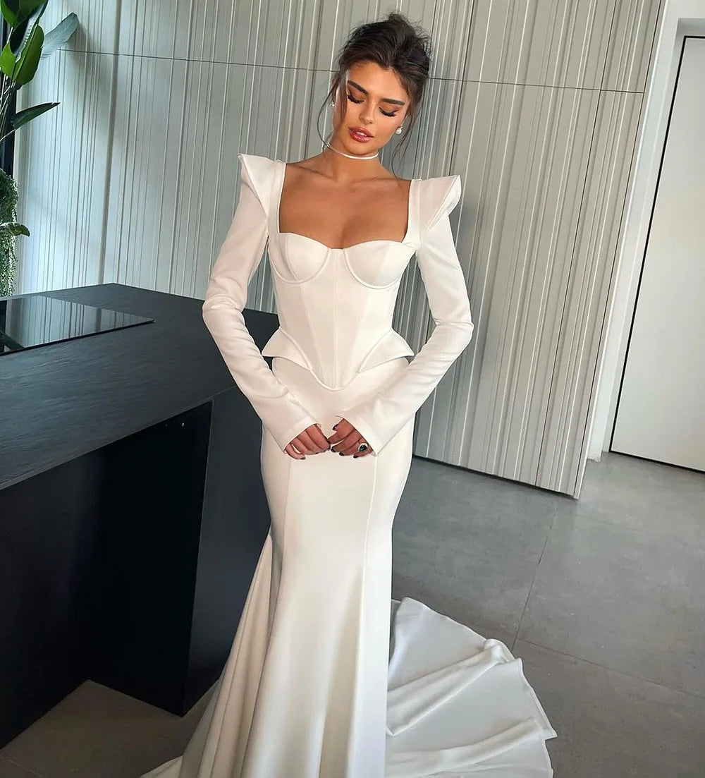 Mermaid Satin Wedding Dresses Long Sleeves Corset Bridal Gowns  Square Neck Brides Dress Custom Made Robe De Mariee