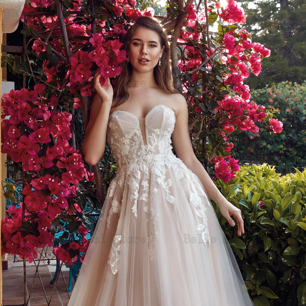 Classic Sweetheart Neck Wedding Dresses A-Line Bridal Gowns Appliques Bow Back Button Sweep Train Tulle Vestidos De Novia 2023