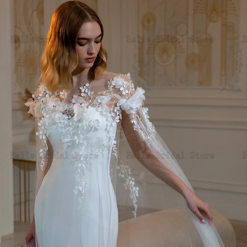 Robes de mariée exquises Appliques de cou de bijou fleurs robes nuptiales bouton arrière-longueur du sol