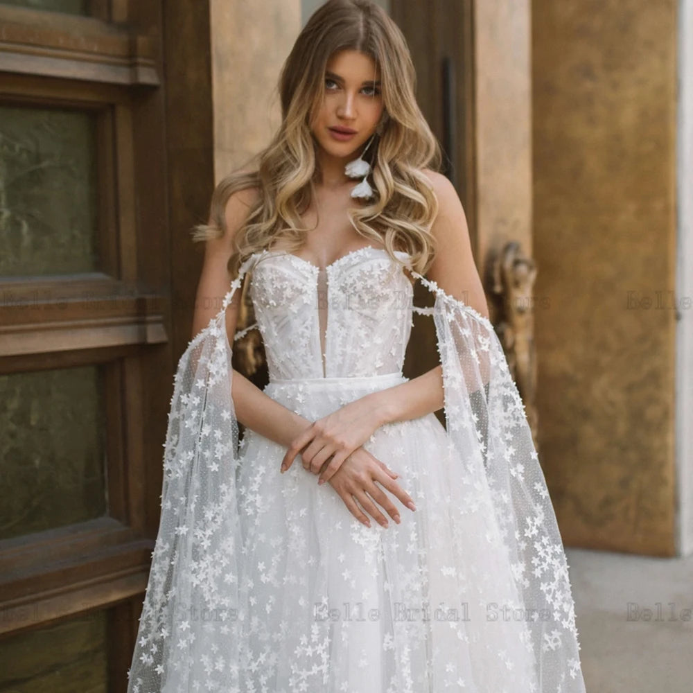 Sweety Spaghetti Straps Wedding Dresses Sweetheart Neck Illusion Tulle Bridal Gowns Appliques Floor Length A-line Robe De Mariee