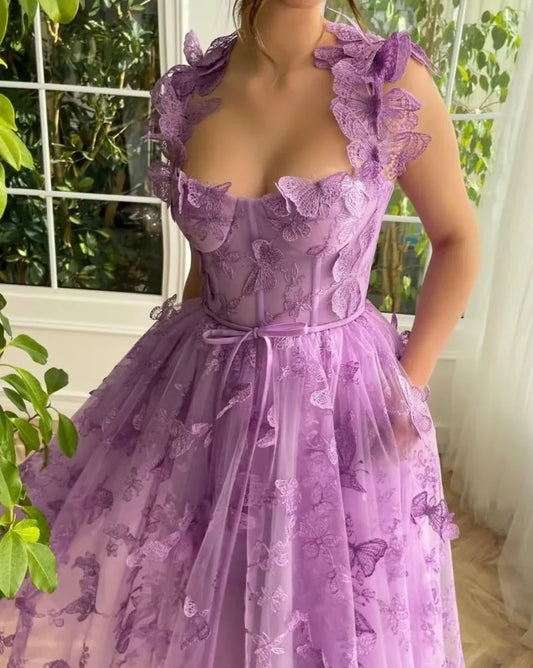 3D Butterfly Tulle Tea Length Prom Dresses Women Fairy Lace Embroidery A Line Prom Evening Gown Slim Waist Vestidos De Noche