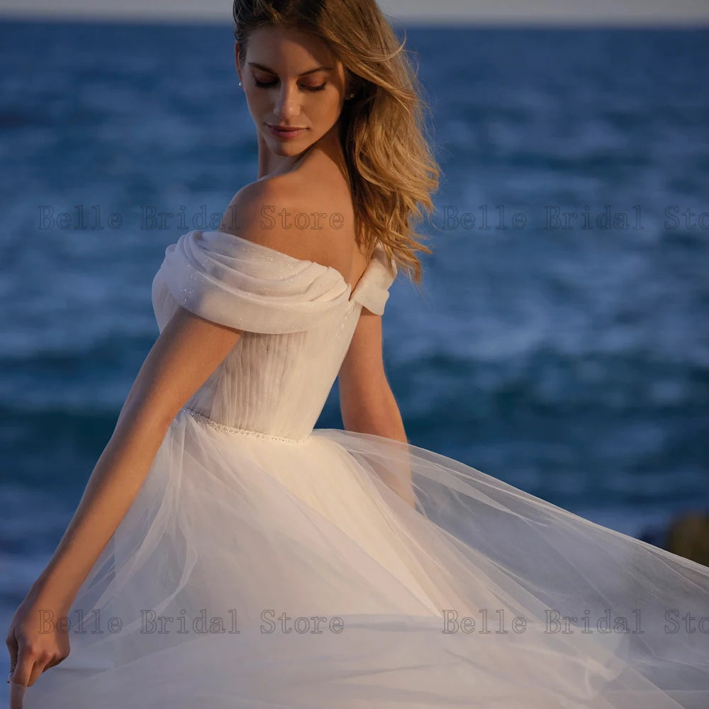 Beach Tulle Wedding Dresses Sweetheart Neck Sleeveless Bridal Gowns Pleat Back Zipper Floor Length A-Line Vestidos De Novia