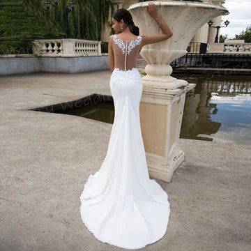 Elegant Mermaid Beautiful Women's Wedding Dresses Appliques Lace Bride Gowns Sexy Sleeveless Button Illusion Robe Mariage Femme