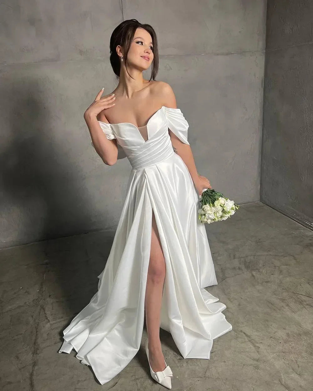 Soft A Line Side Slit Simple Off The Shoulder Pleat Custom Made Formal Bridal Gown Prom Dresses Fashion High quality Retro