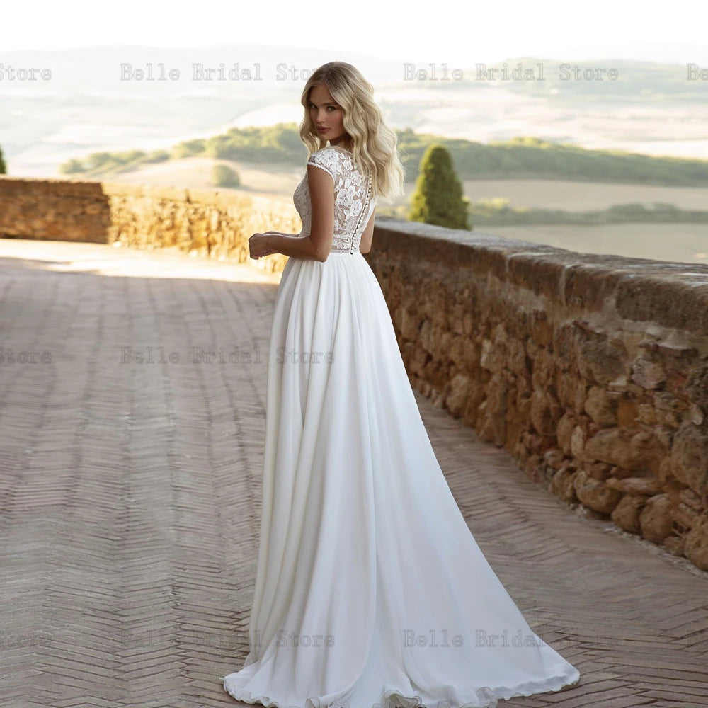 Eleganti abiti da sposa in chiffon bianco o maniche a tappo da collo in pizzo da sposa cresciute ad alta fessura a lungo lunghezza a-line Vestidos de novi 2023