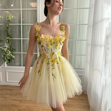Blumen Ballkleider Kurzes Gelbes Abendkleid für formelle Anlässe Prinzessin Abendkleider Partykleider Hochzeitskleid