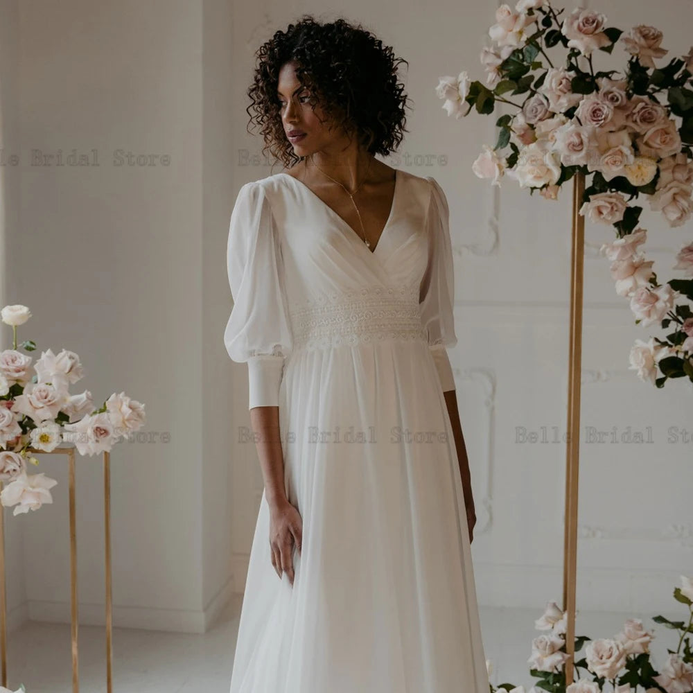 Elegant White Chiffon Wedding Dresses V Neck 3/4 Sleeves Bridal Growns Lace Backless Floor-Length A-line Vestidos De Novia 2023