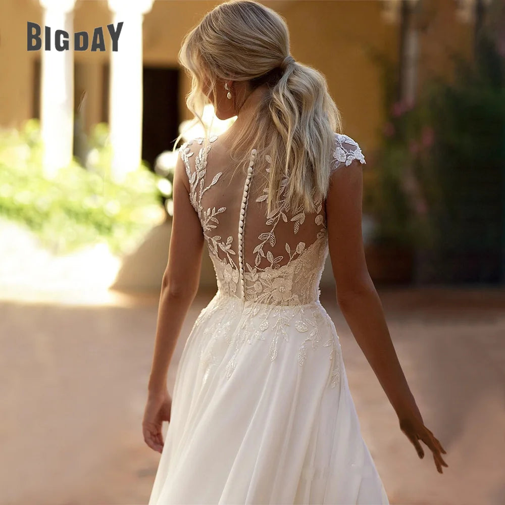 Élégant robe de mariée en dentelle boho 2024 mousseline de mousseline o-cou illusion arrière plage côté éclatement applique de fête nuptiale vestide de novia de novia