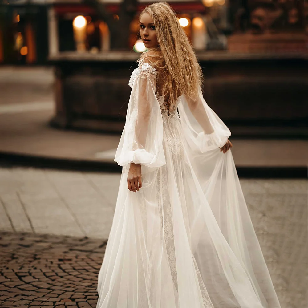 Vestido de boda de manga de bufla con cuello en V