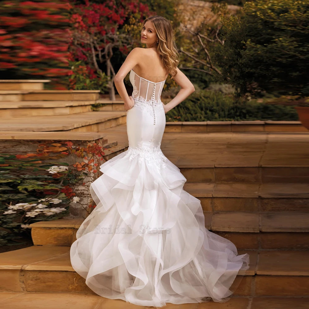 Abiti da sposa sirena classici abiti da sposa senza maniche a cuore a cuore Appliques Lunghezza Tulle a livello