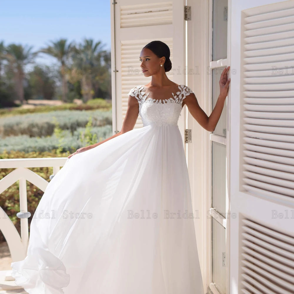 Vestidos de novia de gasa clásica para la novia o las mangas de la gorra del cuello.