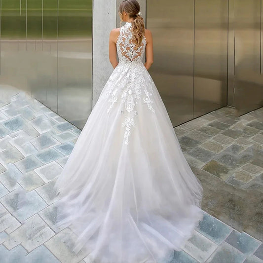 Wedding Dresses Tulle 2024 Sleeveless Back Illusion Bridal Gowns Exquisite A-Line Vestidos De Novia Lace Appliques