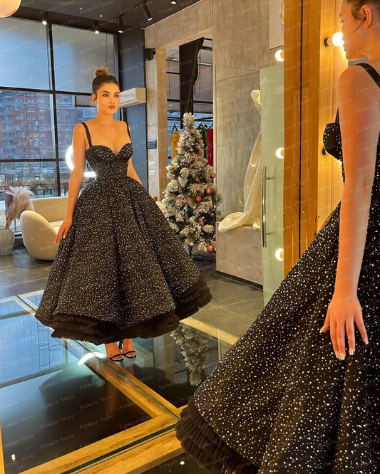 Elegante Kleider für Damen Schwarzes Kleid Knöchellange Abendkleider Rüschen Ballkleider A-Linie Damenkleid Promi-Kleider