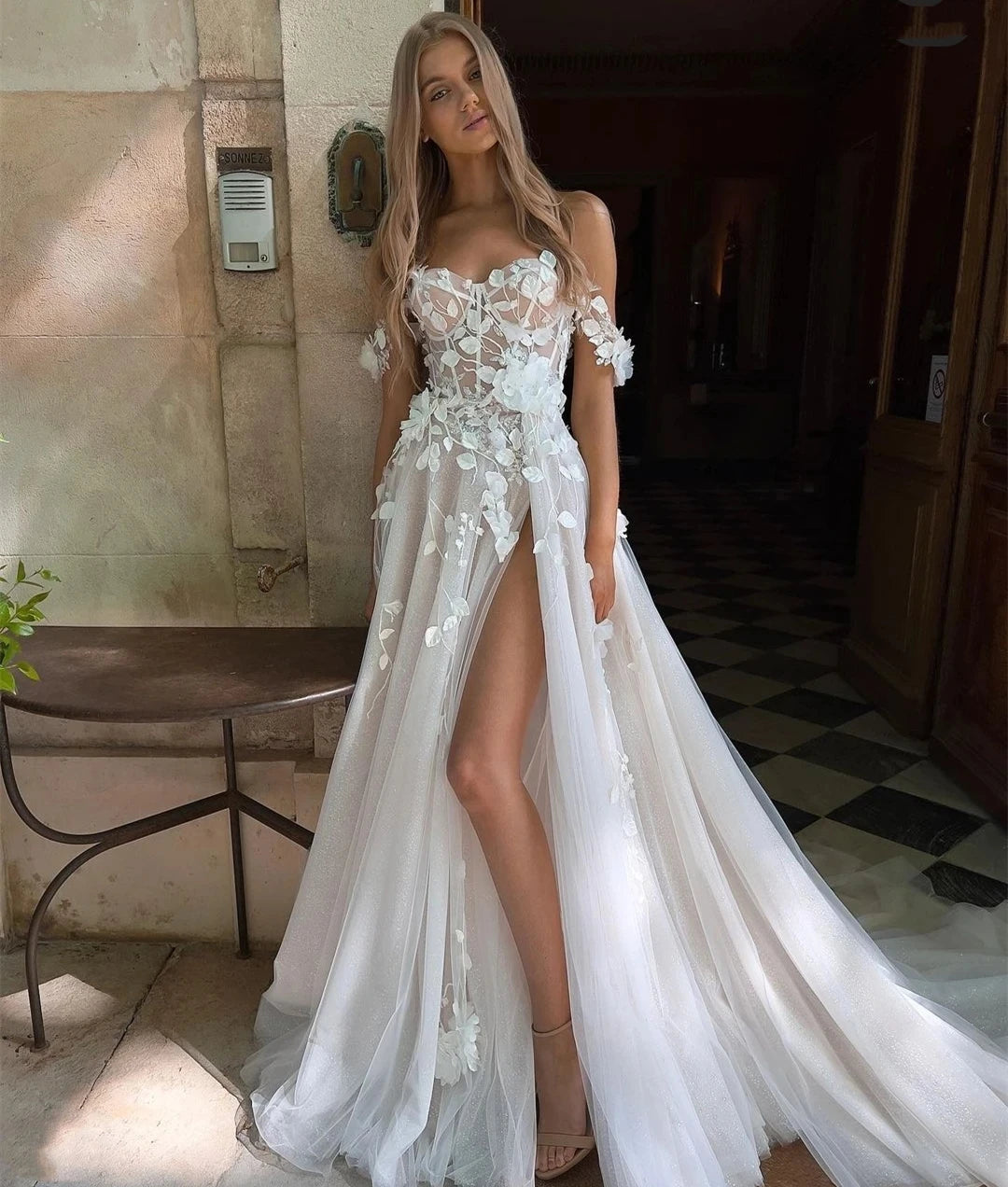 Sweetheart Wedding Dress Side Split Floor Length For Women Bridal Gowns 3D Flowers Off The Shouder Robe De Mariee