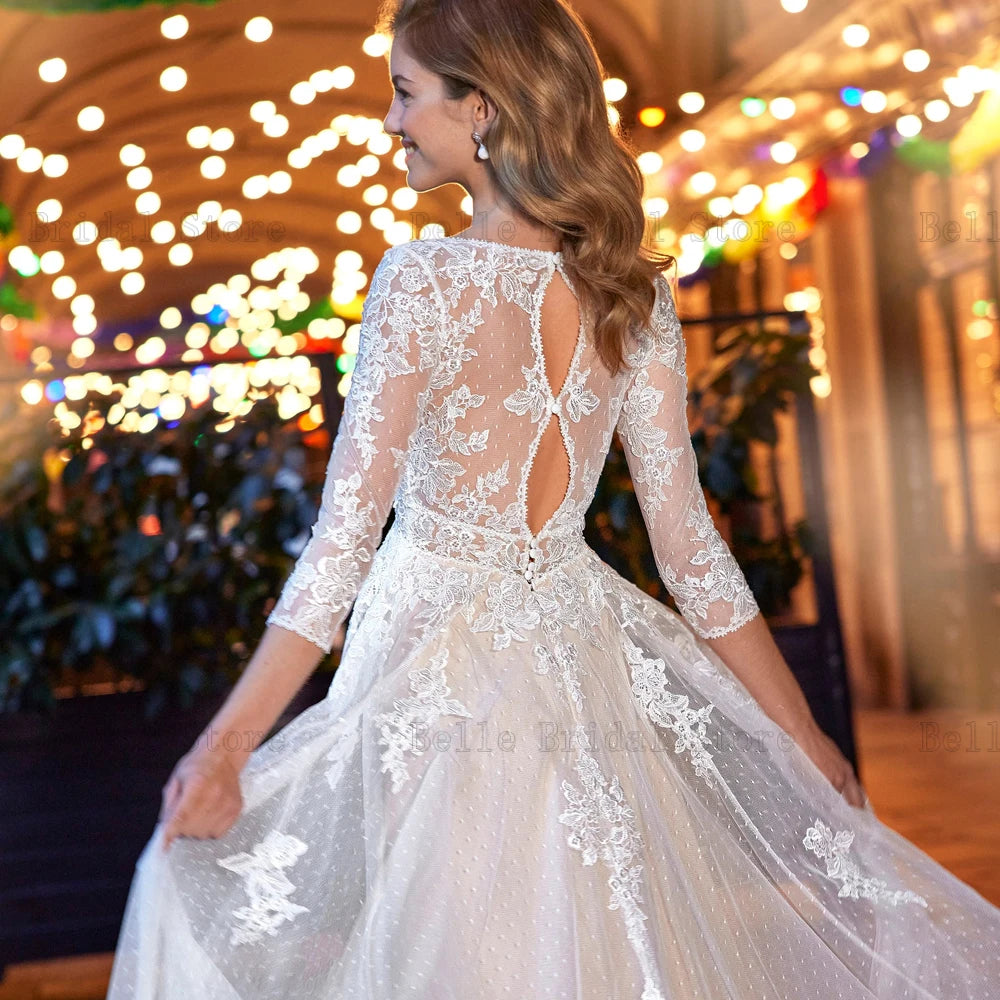 Pastrol Tulle Wedding Dresses V Neck 3/4 Sleeves Illusion Bridal Gowns Appliques Sweep Train A-Line Vestidos De Novia 2024