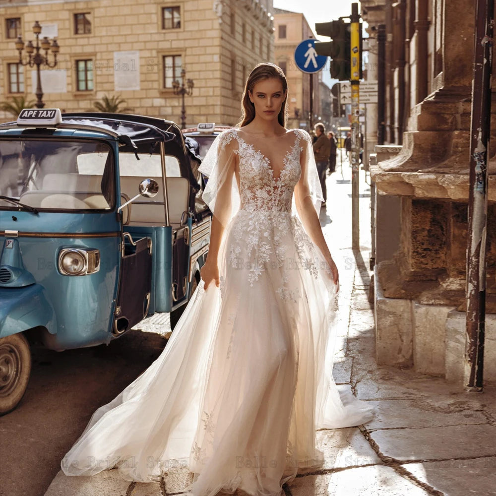 Elegantes vestidos de novia marfil con correas de espagueti o cuello de nupcial Apliques Apliques Ilusión Sweing Train A-Line Tul Vestidos de Novia