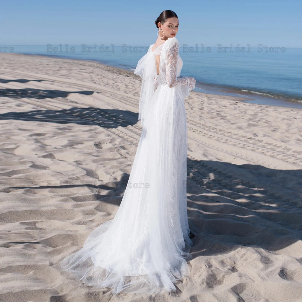 Beach Lace Wedding Dresses V Neck Long Sleeves Sexy Ivory Bridal Gowns Backless Floor Length A-line Tulle Robe De Mariee 2024