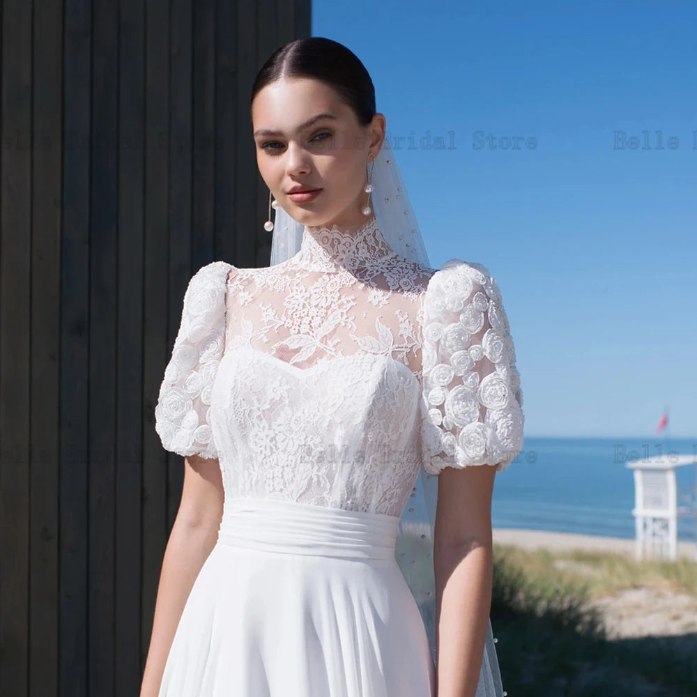 Elegant Chiffon Wedding Dresses High Neck Short Sleeves Bridal Gowns Lace Appliques Sweep Train A-Line Vestidos De Novia 2024