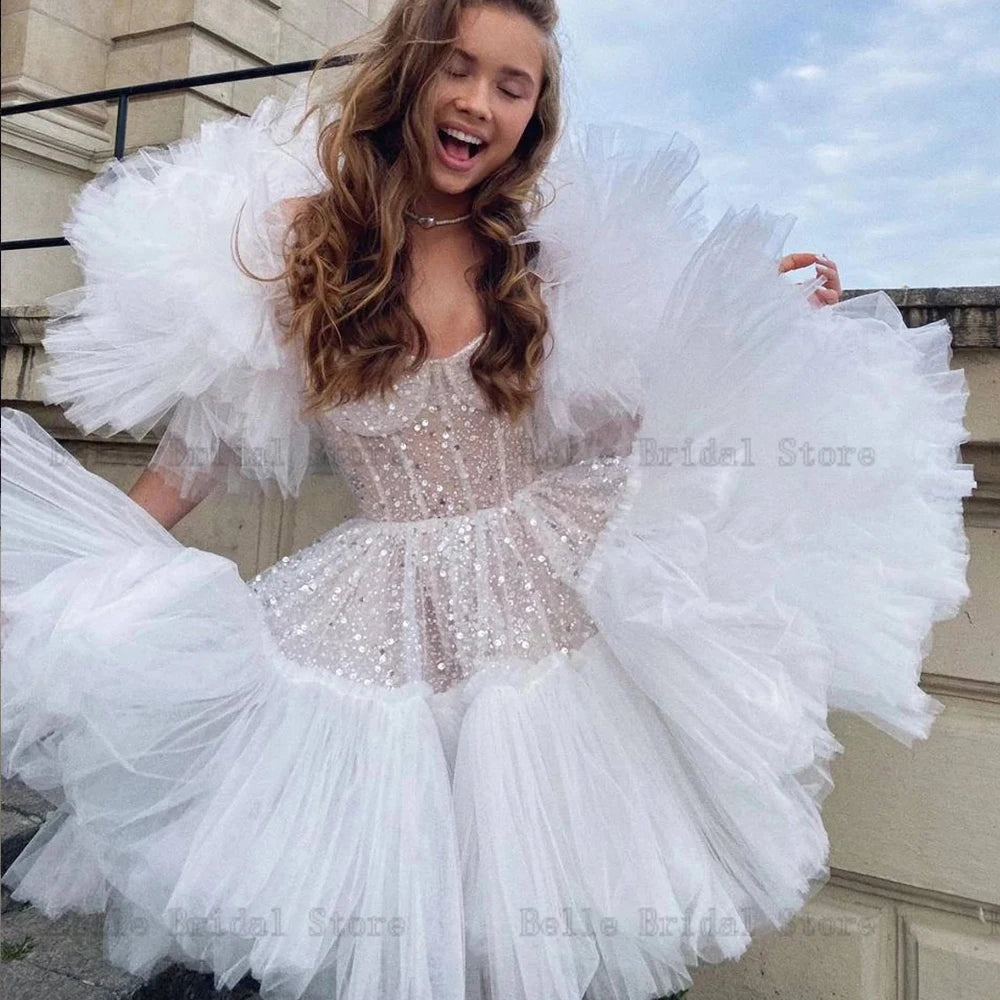 Elegant Short Wedding Dresses Sweetheart Neck Bridal Gowns Pearl Wedding After Party Tutu Dress A-Line Tulle Robe De Mariee 2023