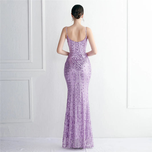Women Purple Sequin Dress Strap Party Maxi Dress Sexy V Neck Evening Dress Long Prom Dress