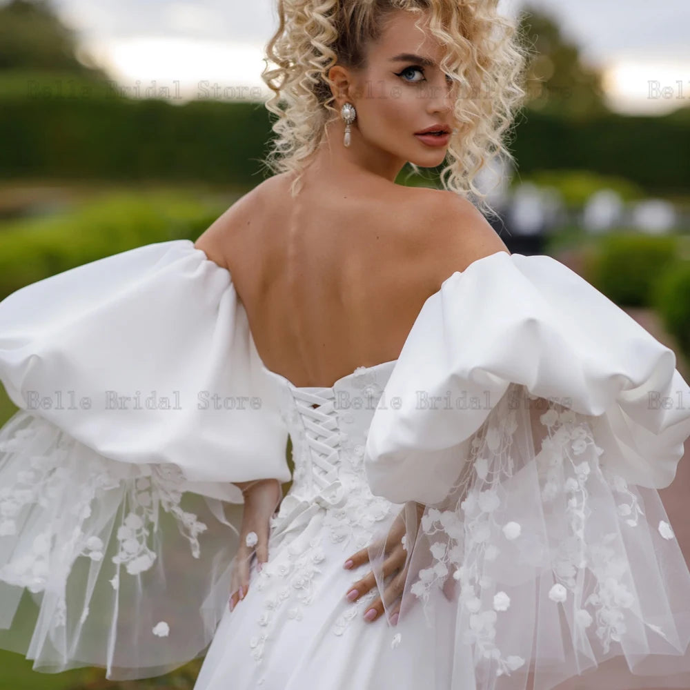 Modern Wedding Dresses Sweetheart Neck Long Puff Sleeves A-Line Bridal Gowns Appliques Sweep Train Front Slit Vestidos De Novia