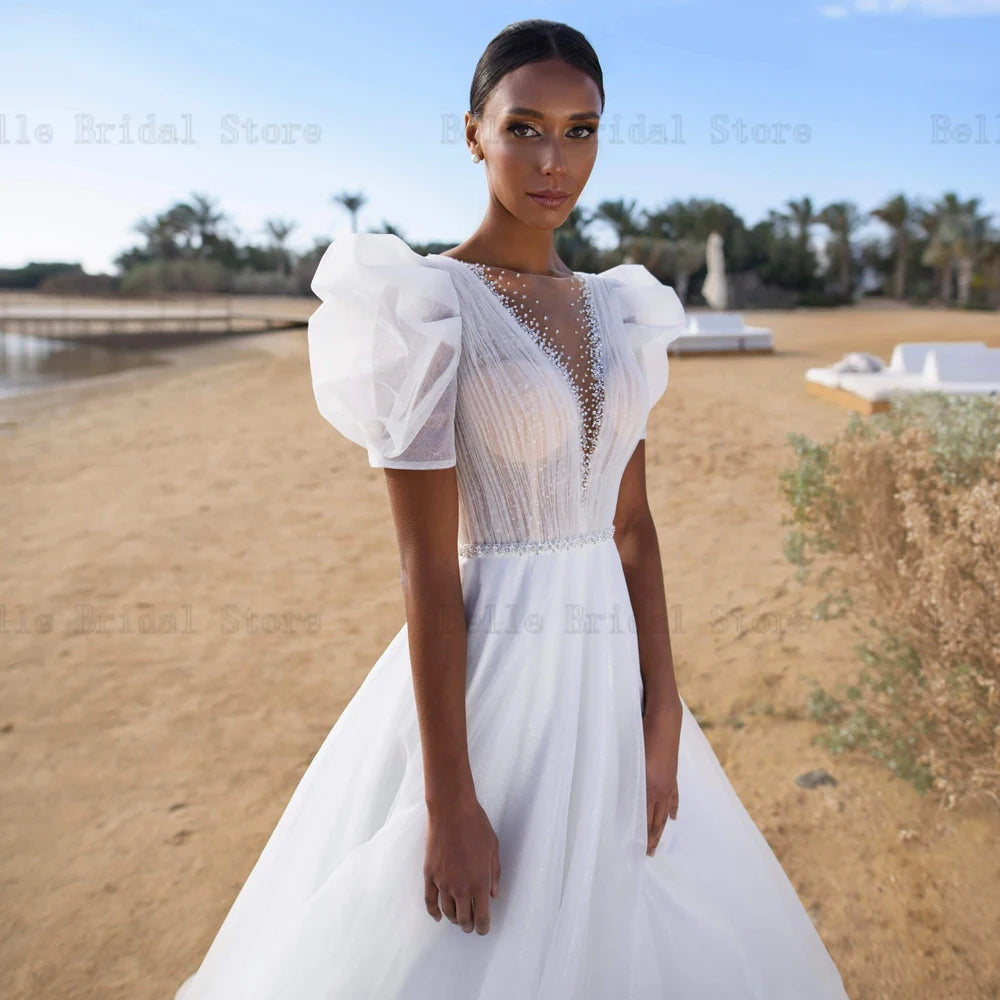 Simple abiti da sposa per le maniche a soffio a vccincia da sposa a V Cridal Growns perle per le perle del pavimento Tulle A-Line Vestidos de noni 2024