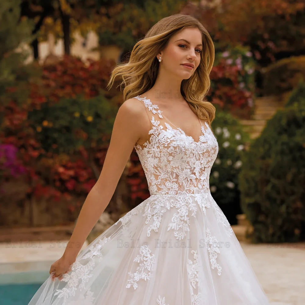 Eleganti abiti da sposa a V CUCCHI CACCHI NASTANTE CHE APPLICA DI APPLICA APPLICATURA LUCCHINA PIANO LUGNO A-LINE TULLE VESTODOS DE NEVIA 2024