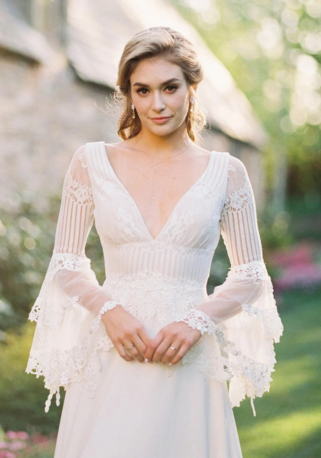 Sexy Deep V Neck Boho Wedding Dress With Lace Bodice Elegant Layered Sleeves Backless A Line Maxi Bridal Gown