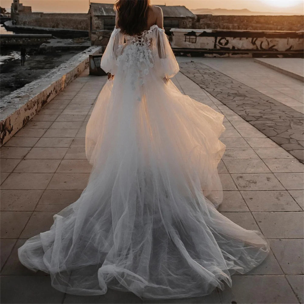 Plis vintage bustier hors de l'épaule à manches gonflées longues fleurs sirène robe de mariée de la robe de mariée