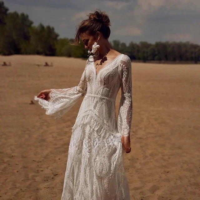 LISER Bohemian style long sleeved deep V beach wedding dress