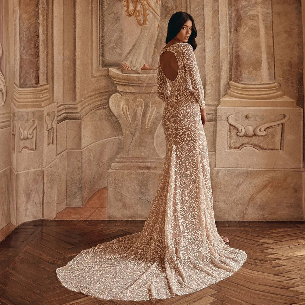 Abiti da sposa sexy a Veste a Vserve a maniche lunghe abiti da sposa Appliques Appliques sirena Lunghezza del pavimento ad alta fessura Vestitidos de nolia